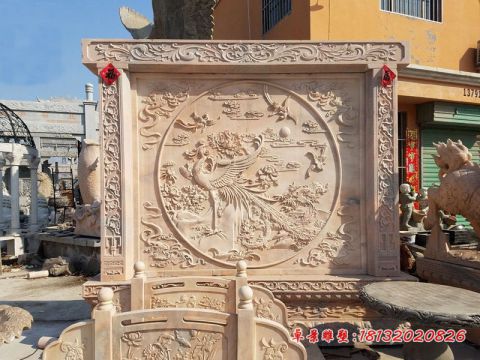 晚霞红凤凰浮雕石影壁