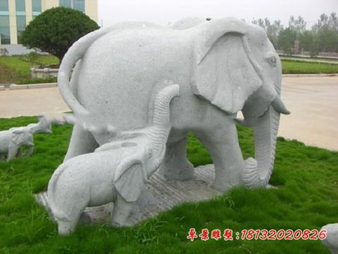 公园动物大理石母子大象石雕