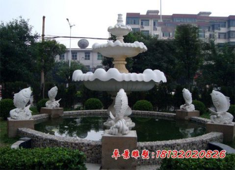 大理石喷水鲤鱼三层喷泉石雕