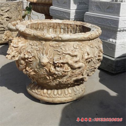 公园仿古龙浮雕石水缸