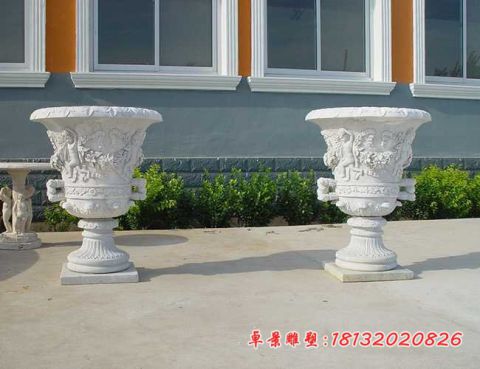 汉白玉西方人物浮雕石花盆