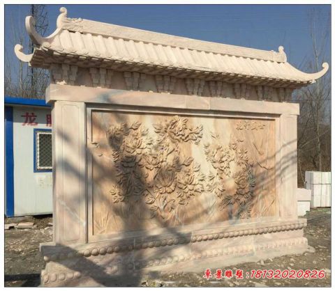 晚霞红花开盛世浮雕石影壁