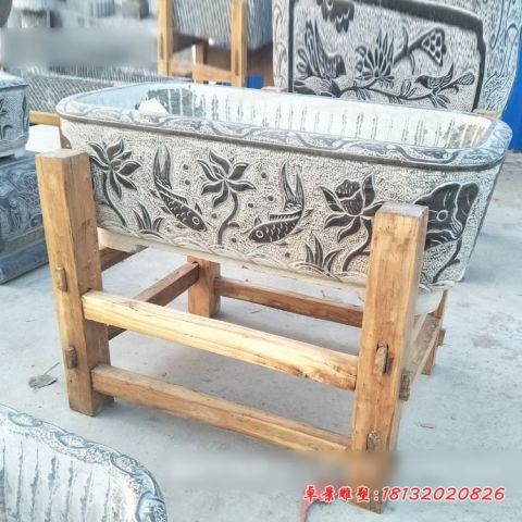 青石仿古鱼缸方形石水缸