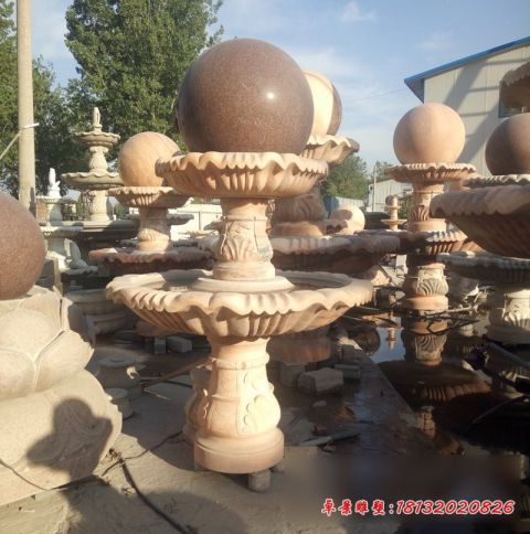 晚霞红景观双层风水球石雕