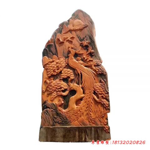 晚霞红凤凰浮雕风景石