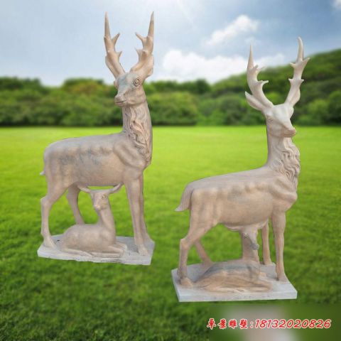 晚霞红动物公园母子鹿石雕