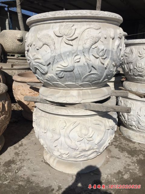 大理石鲤鱼荷花浮雕水缸