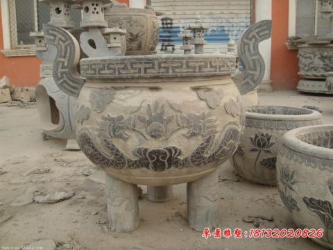 龙浮雕青石仿古香炉