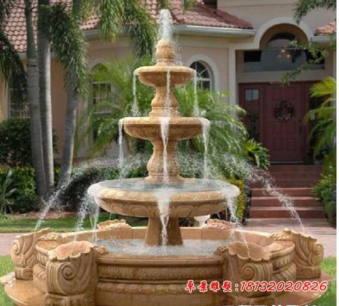 晚霞红三层喷水蜗牛喷泉石雕