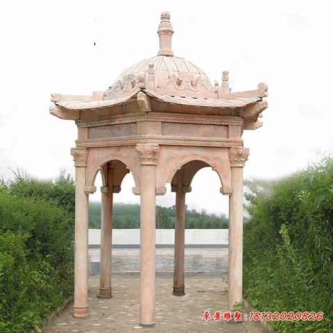 晚霞红六角圆顶石凉亭