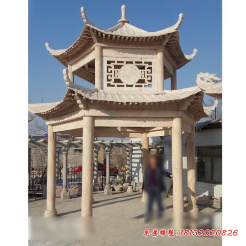 公园晚霞红双层石雕凉亭