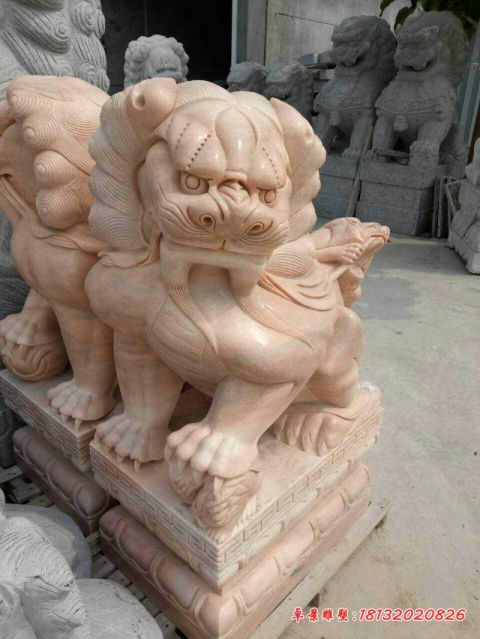 门口镇宅晚霞红石狮子