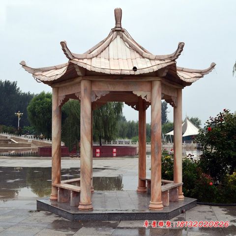 园林景观晚霞红凉亭