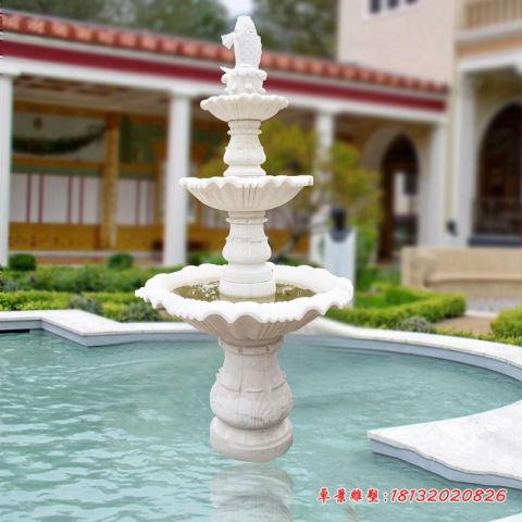 汉白玉三层跌水盆石雕鱼喷泉