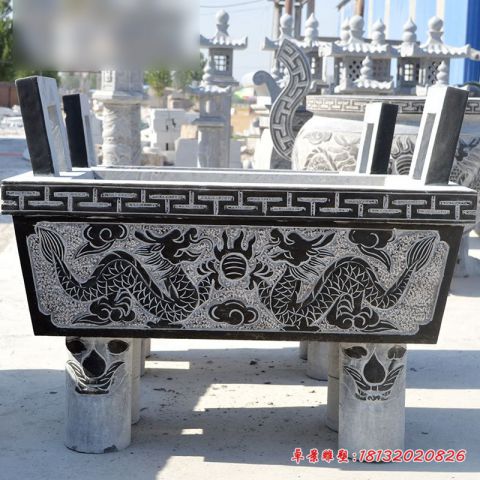 青石仿古寺庙双龙戏珠香炉石雕