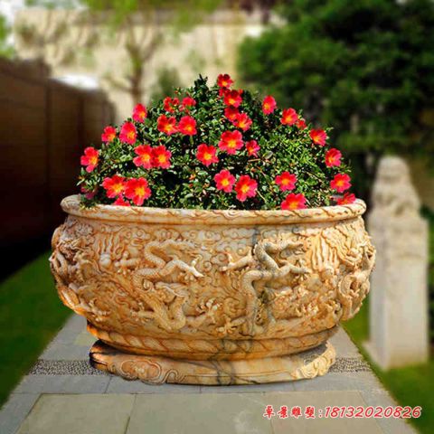 晚霞红龙浮雕水缸石雕