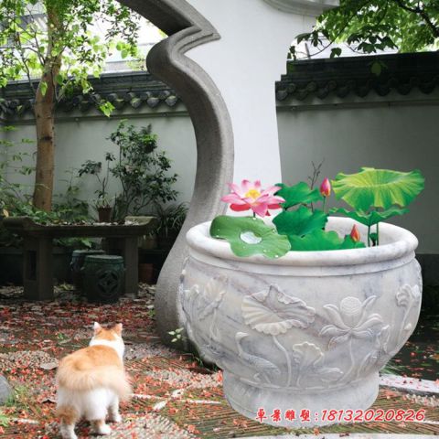 庭院汉白玉龙浮雕石缸