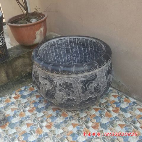 小区青石仿古圆形鱼缸石水缸