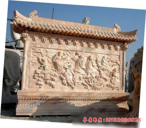 晚霞红八仙过海石浮雕影壁