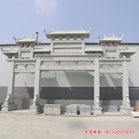 公园大理石三门五楼石雕牌坊