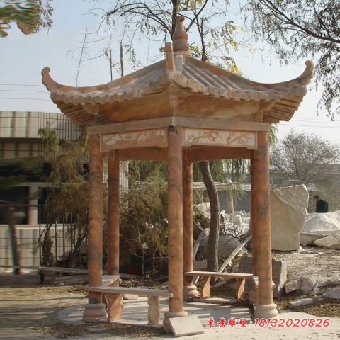 晚霞红公园六角石凉亭