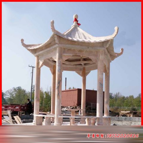 公园景观晚霞红凉亭石雕