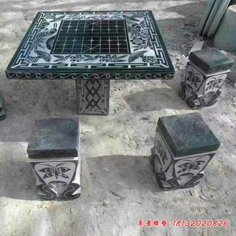 青石仿古棋盘浮雕方形石桌凳