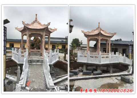 公园晚霞红龙浮雕石凉亭