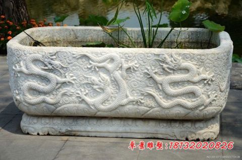 庭院汉白玉龙浮雕荷花缸石雕