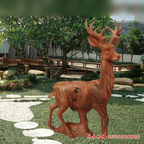 园林动物晚霞红梅花鹿石雕