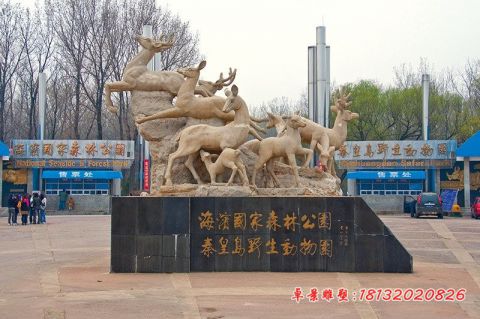 公园动物梅花鹿群石雕