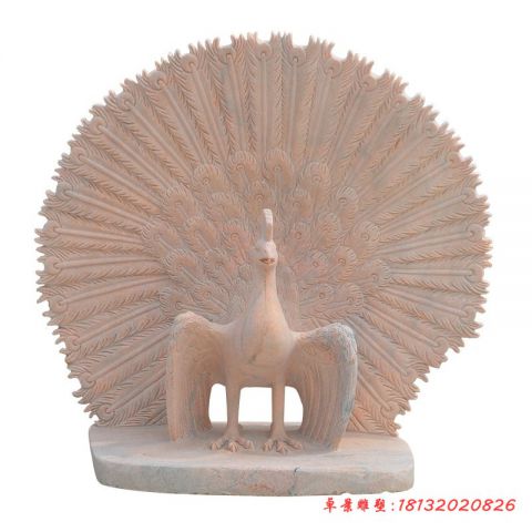 晚霞红动物摆件开屏孔雀石雕