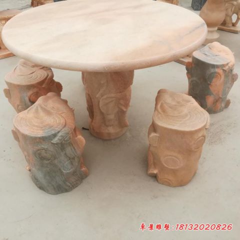 晚霞红仿木大象石桌凳