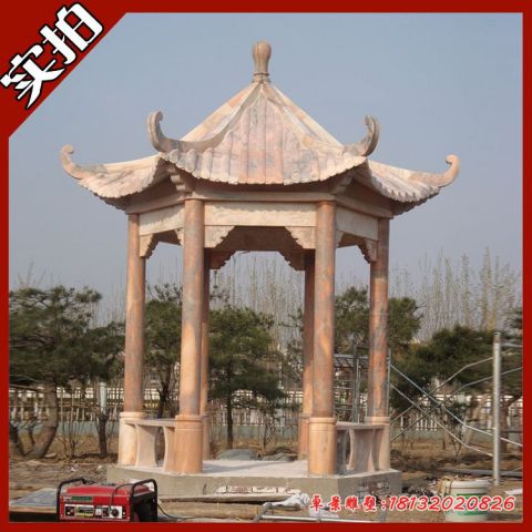 晚霞红景区六角石凉亭