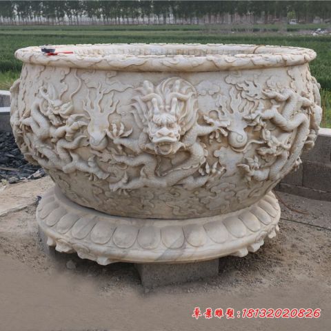 公园汉白玉圆形龙浮雕水缸