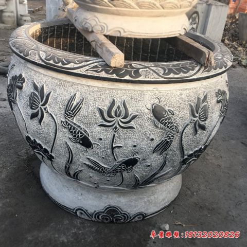 景区仿古荷花鲤鱼浮雕水缸石雕