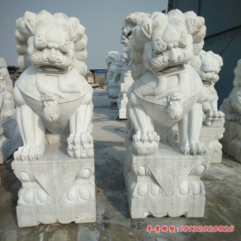 门口汉白玉踩球北京狮石雕