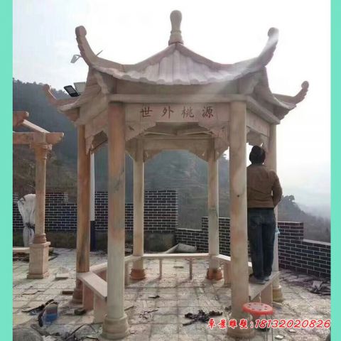 晚霞红世外桃源六角石凉亭