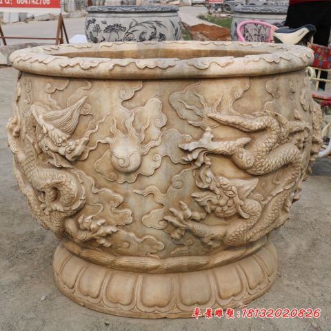 汉白玉仿古双龙戏珠浮雕水缸