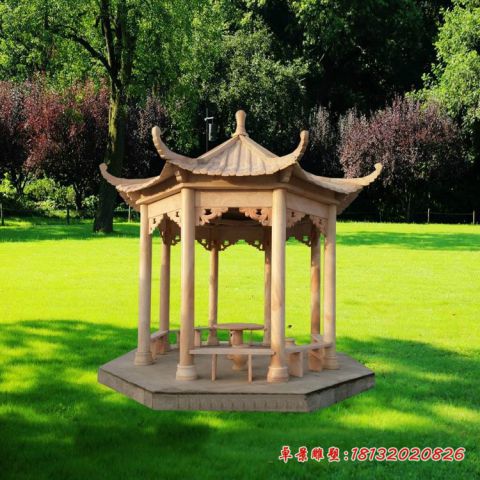 公园晚霞红石雕八角凉亭