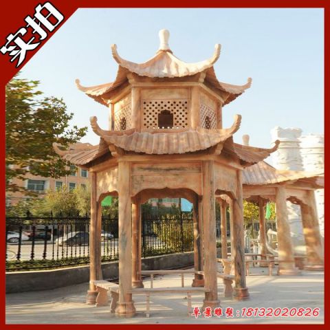 公园晚霞红双层石亭子