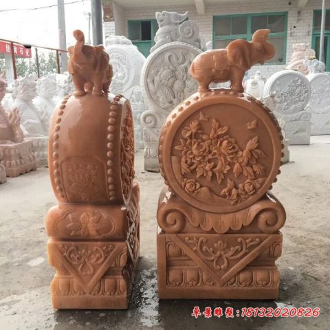 晚霞红牡丹浮雕小象石门墩