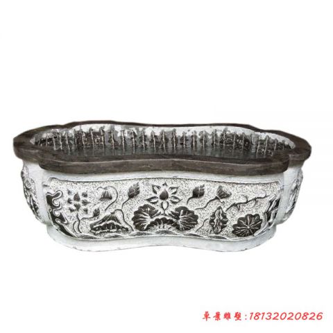 仿古青石荷花浮雕石水缸