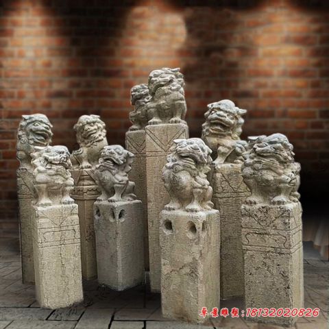 景区仿古狮子拴马柱石雕