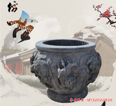 狮子戏球浮雕石水缸
