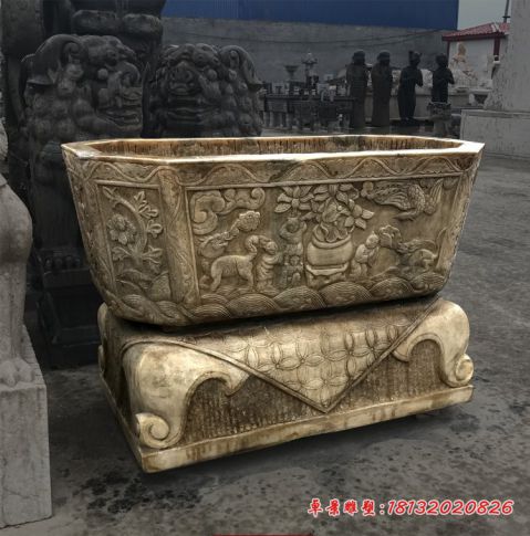 汉白玉仿古方形水缸石雕