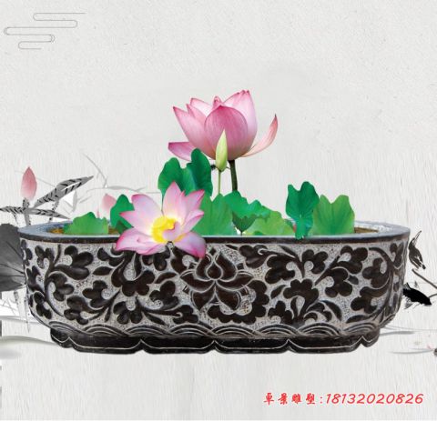 公园青石仿古花朵浮雕石水缸