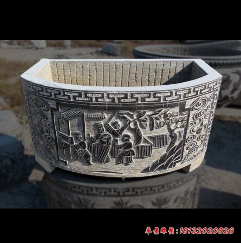 青石仿古人物浮雕石水缸