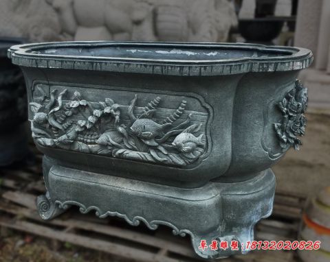 青石鱼浮雕石水缸