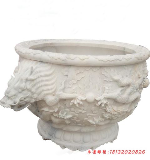 汉白玉龙头浮雕石雕水缸